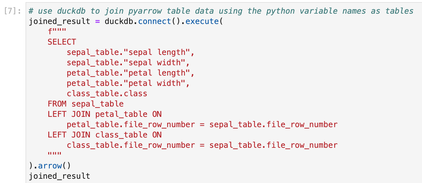 Jupyter notebook example screenshot with DuckDB and Arrow data handling