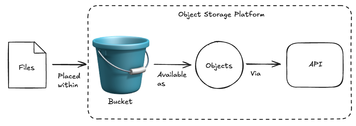 An object store maps keys to data and metadata using a flat namespace, ideal for scalable distributed systems.
